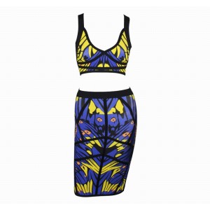 Stylish Plunging Neck Abstract Print Crop Top + Bandage Skirt Suits For Women